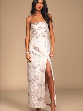 Lulu's Strapless Blush Floral Jacquard Maxi Dress with Side Slit